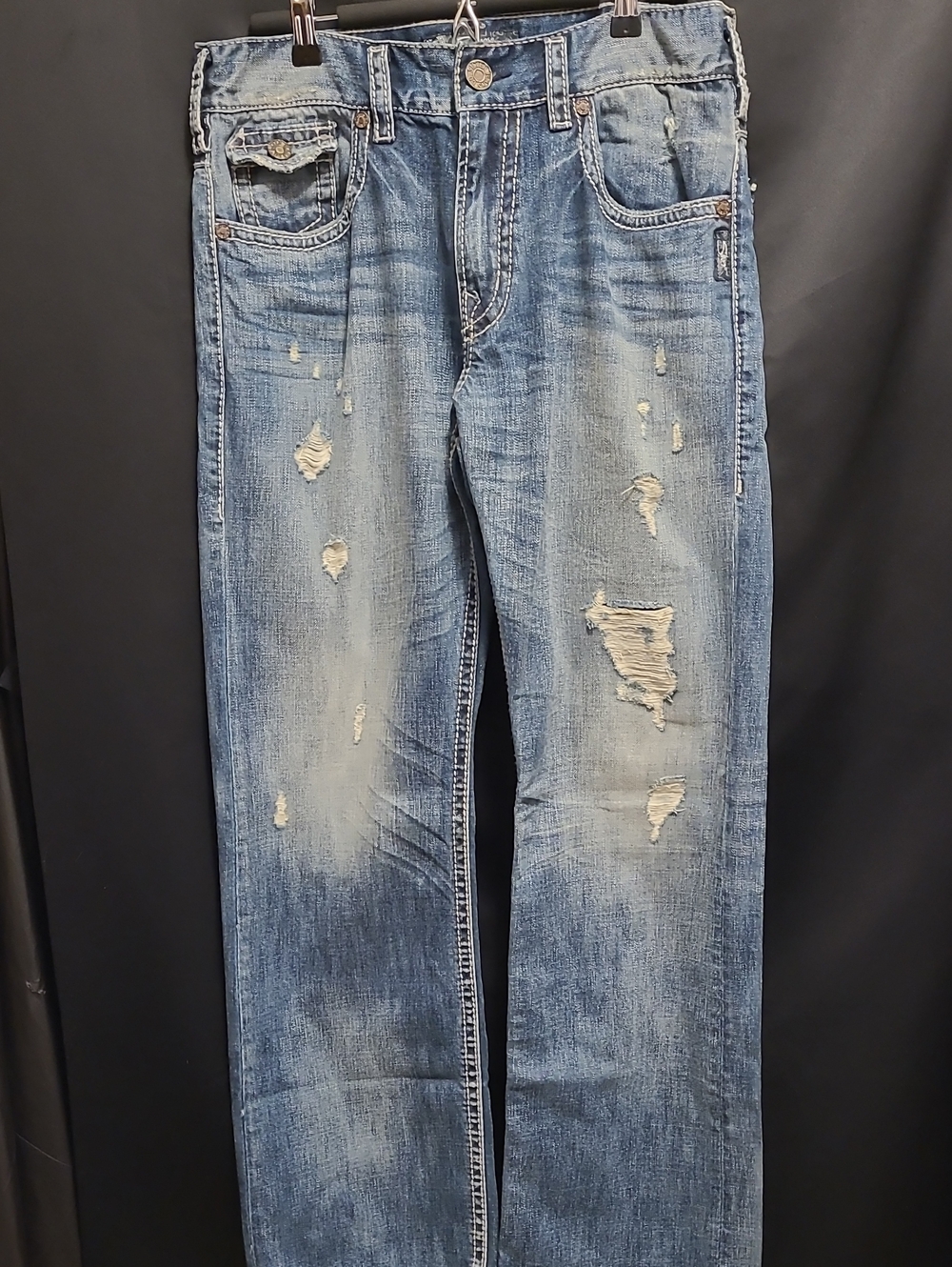 Silver Jeans ZAC FLAP Light Blue Distressed Straight Men’s Jeans 34x32
